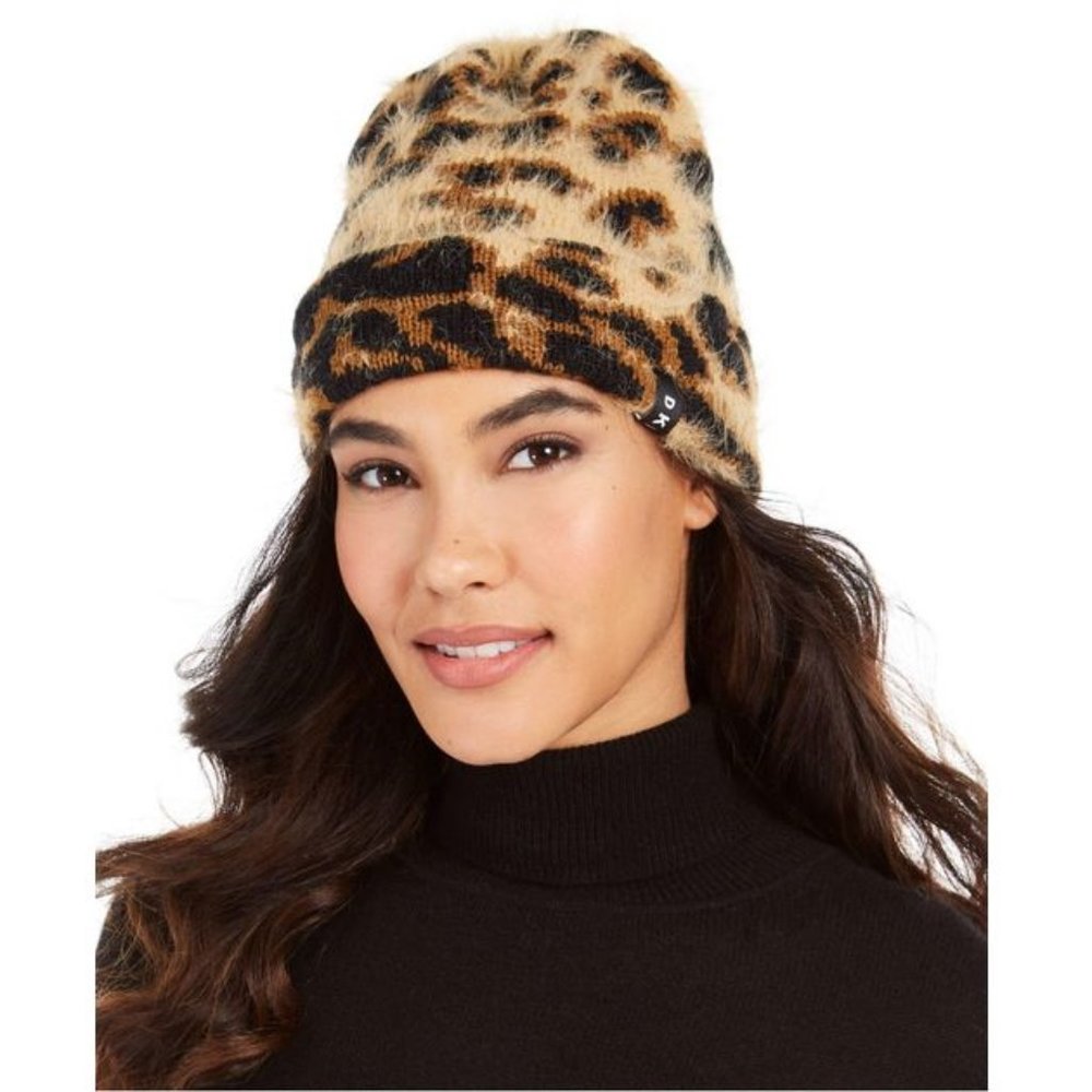 Dkny Fuzzy Leopard Animal Print Beanie Hat